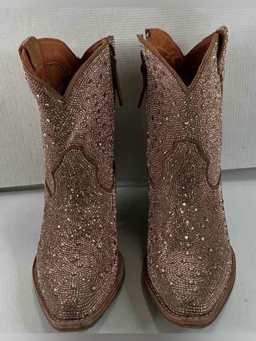 Buck & Brana Jovanka Rhinestone Cowboy Boots Camel Gold Leather Sz 7.5